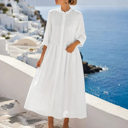 Women's Long Sleeve Pintuck Midi Shirt Dress