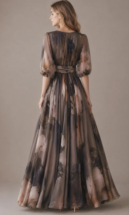 Women's Vintage Neckline Floral Wrap Evening Dress