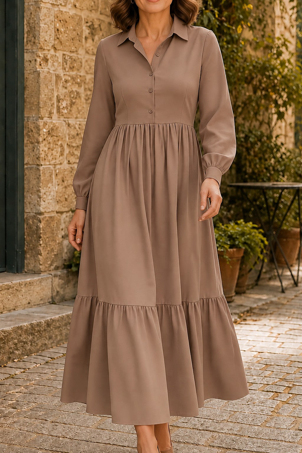 Women's Long Sleeve Collared Maxi Dress