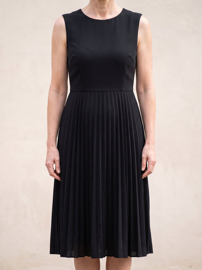 Women's Sleeveless Pleated Midi Dress in Black, front view