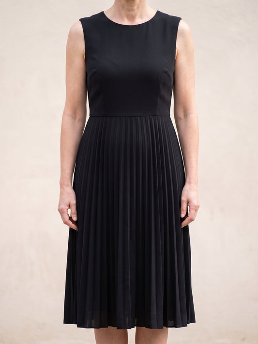Women's Sleeveless Pleated Midi Dress in Black, front view