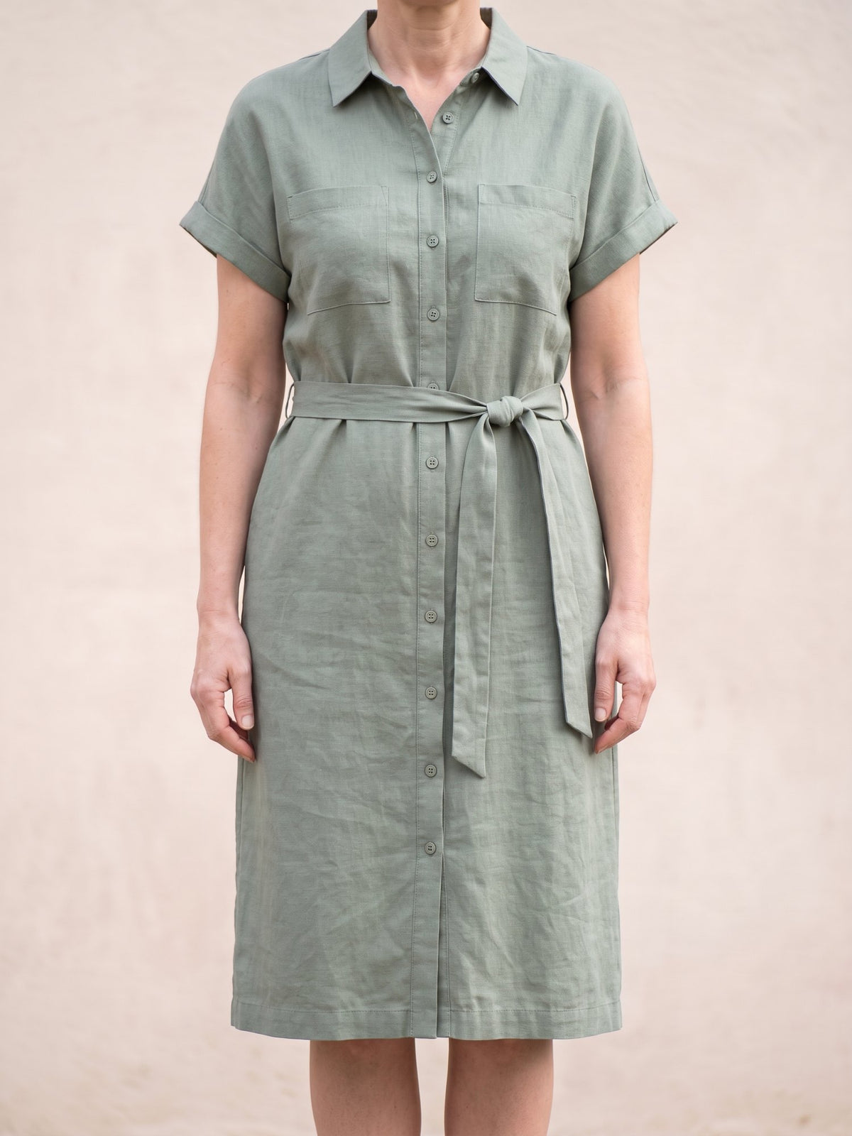 Women's Short Sleeve Linen Blend Shirt Dress in Sage, front view