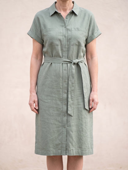 Women's Short Sleeve Linen Blend Shirt Dress in Sage, front view