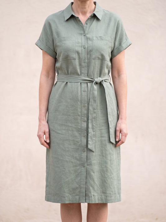 Women's Short Sleeve Linen Blend Shirt Dress in Sage, front view