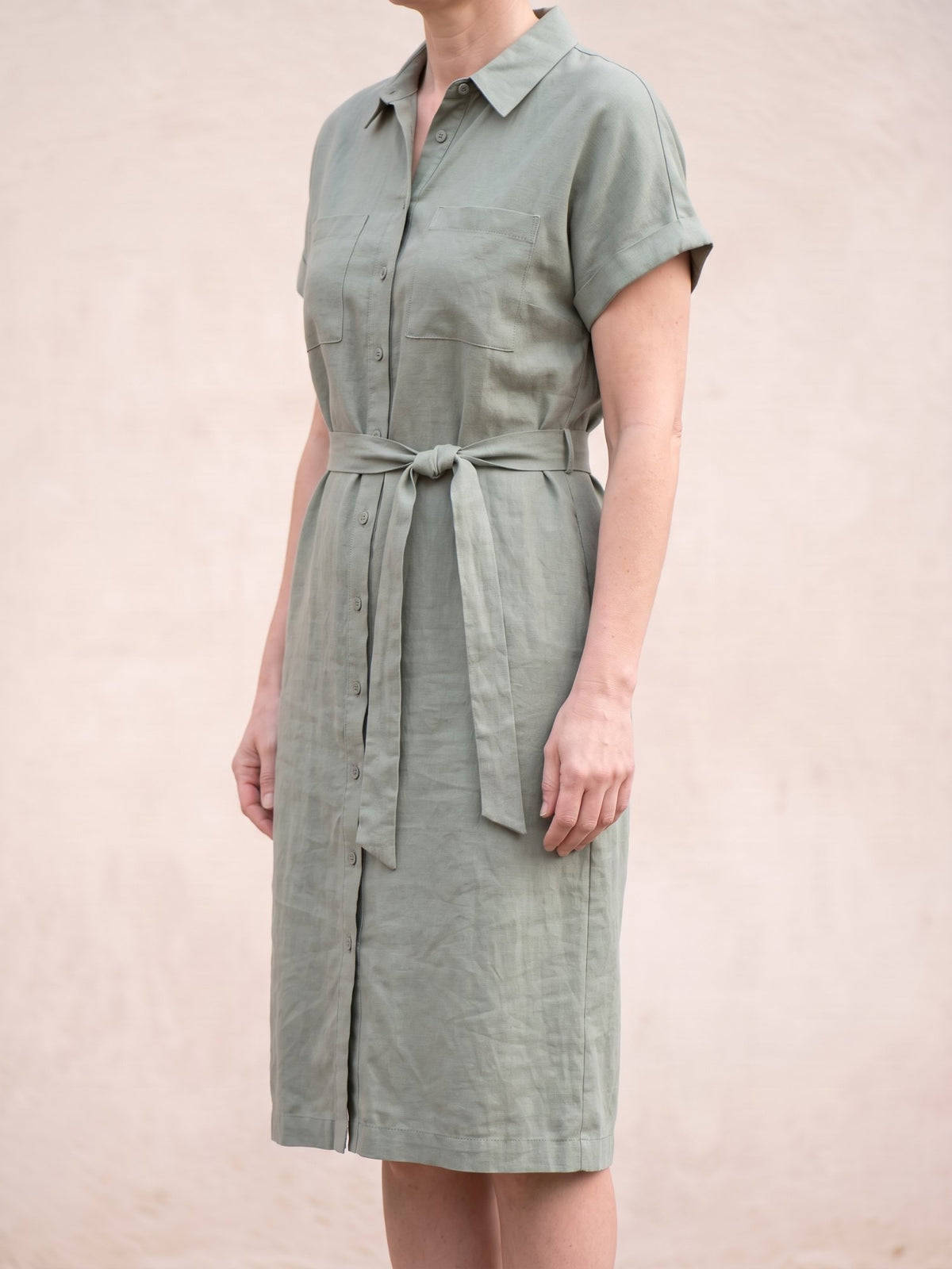 Women's Short Sleeve Linen Blend Shirt Dress in Sage, side view