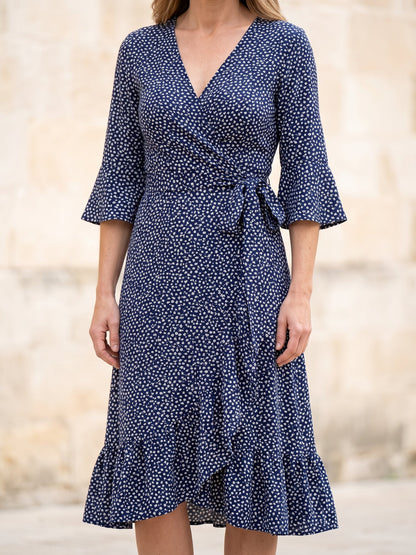 Women's Floral Print Midi Wrap Dress in Navy Floral, front view