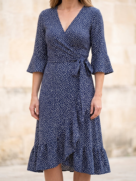 Women's Floral Print Midi Wrap Dress in Navy Floral, front view