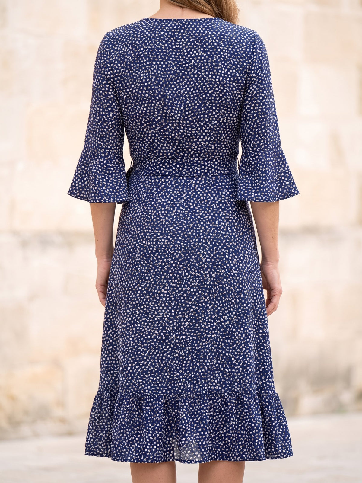 Women's Floral Print Midi Wrap Dress in Navy Floral, back view