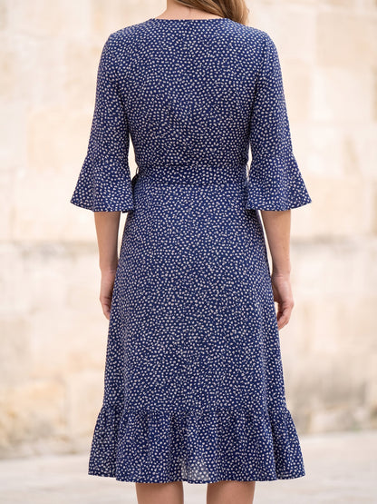 Women's Floral Print Midi Wrap Dress in Navy Floral, back view